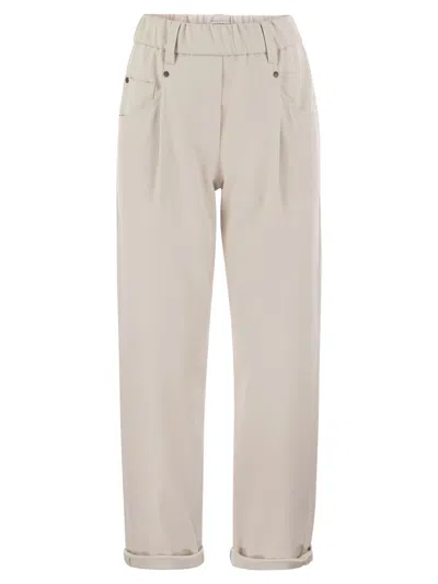 Brunello Cucinelli Women Baggy Trousers In Stretch Cotton Cover-up With Shiny Bartack In Snow White