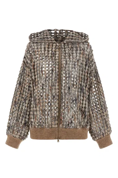 Brunello Cucinelli Women 'balloon Net Embroidery' Cardigan In Brown
