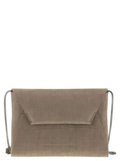Brunello Cucinelli Women Bc Duo Nubuck Croc Print Clutch Bag With Jewellery In White