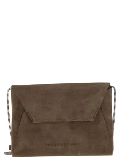 Brunello Cucinelli Women Bc Duo Suede Clutch Bag With Precious Chain In Brown