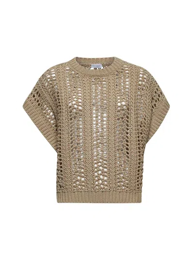 Brunello Cucinelli Women Beige Cotton Ribbed Net Sweater