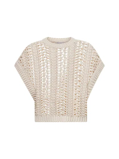 Brunello Cucinelli Women Beige Cotton Ribbed Net Sweater