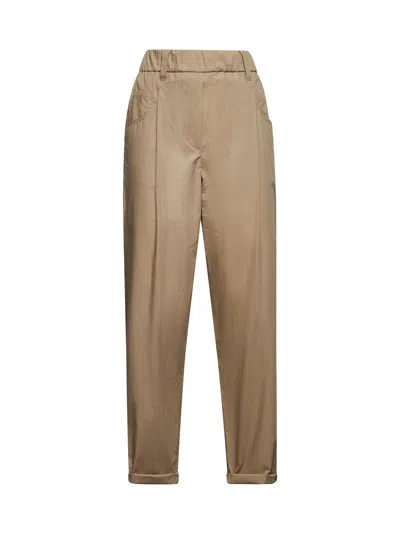 Brunello Cucinelli Women Beige Cotton Tapered Trousers