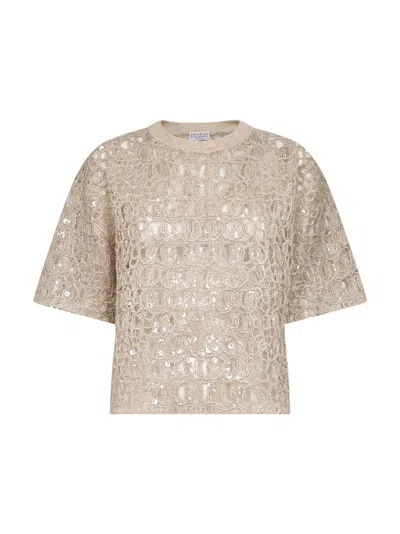 Brunello Cucinelli Women Beige Dazzling Croc Embroidery Knit T-shirt In Gold
