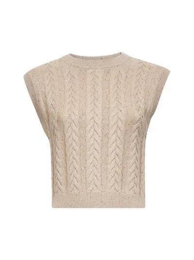 Brunello Cucinelli Women Beige Dazzling Double Cable Knit Vest