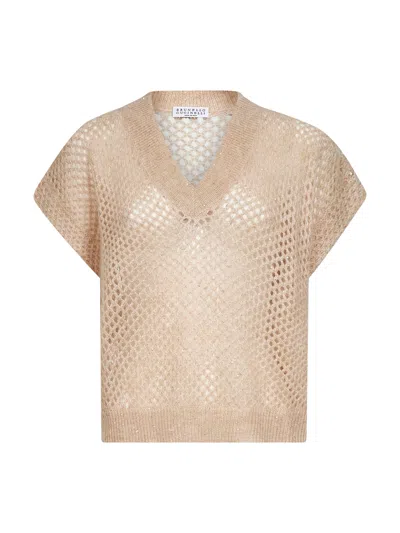 Brunello Cucinelli Women Beige Dazzling Mesh V-neck Sweater