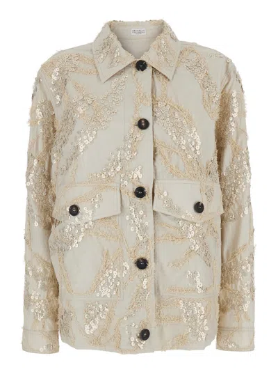 Brunello Cucinelli Beige Jacket With Classic Collar And Two Front Flap Pockets In Cotton Blend Woman In Neutral
