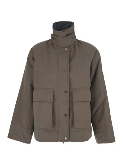 BRUNELLO CUCINELLI BRUNELLO CUCINELLI WOMEN BEIGE JACKET WITH HIGH NECK AND PATCH POCKETS ON THE CHEST IN TECH FABRIC W