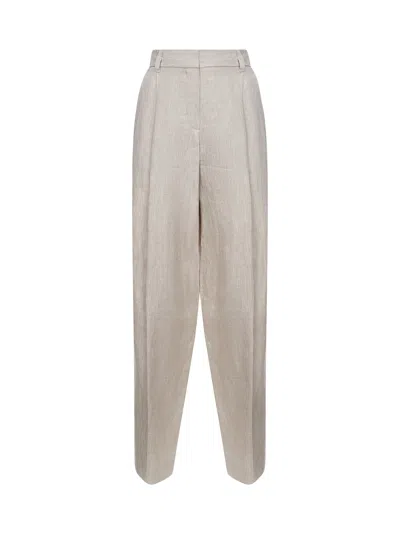 Brunello Cucinelli Women Beige Linen Wide Leg Trousers