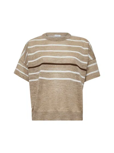 Brunello Cucinelli Women Beige Lurex Linen Blend Striped Sweater