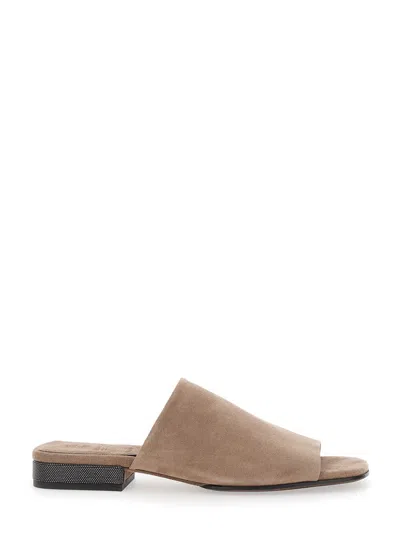 Brunello Cucinelli Women Beige Sandals With Monil Detail On The Heel In Suede Woman In Neutral