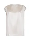 Brunello Cucinelli Women Beige Stretch Silk Satin Monili Top In White