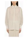 Brunello Cucinelli Beige White Black Striped Cotton Silk Shirt With Pointed Collar For Women In Multicolor