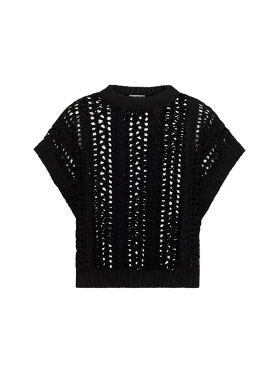 Brunello Cucinelli Women Black Cotton Ribbed Net Sweater