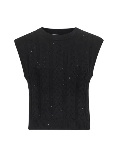 Brunello Cucinelli Women Black Dazzling Double Cable Knit Vest