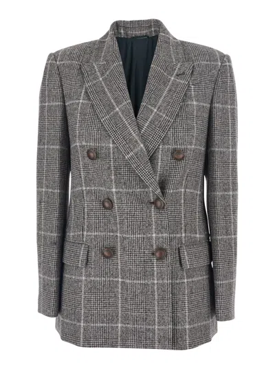 BRUNELLO CUCINELLI BRUNELLO CUCINELLI WOMEN GREY DOUBLE-BREASTED JACKET WITH ALL-OVER CHECK MOTIF IN WOOL WOMAN