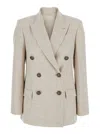 Brunello Cucinelli Beige Double-breasted Jacket With Notched Revers In Virgin Wool Blend Woman In Neutral