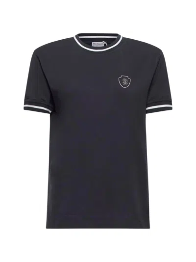 Brunello Cucinelli Women Blue Cotton Logo T-shirt