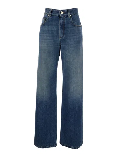 BRUNELLO CUCINELLI BRUNELLO CUCINELLI WOMEN BLUE JEANS WITH LOGO PATCH ON THE REAR AND MONIL DETAIL ON THE LOOP IN DENI