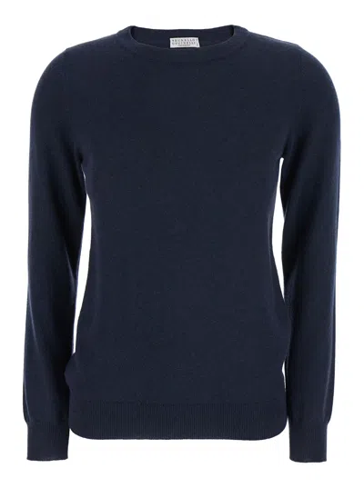 Brunello Cucinelli Women Blue Sweater With Round Neck In Cashmere Woman