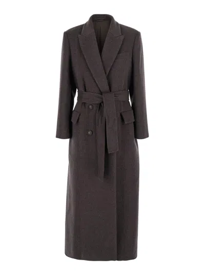 Brunello Cucinelli Women Brown Double-breasted Coat With Peak Revers And Front Belt In Wool And Cash
