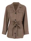 Brunello Cucinelli Brown Jacket With Notched Revers And Front Closure With Bow In Linen Blend Woman In Animal Print