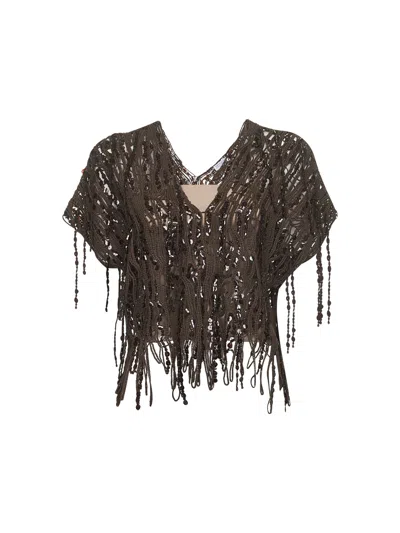 Brunello Cucinelli Women Brown Knit Dazzling Abstract Embroidery Top
