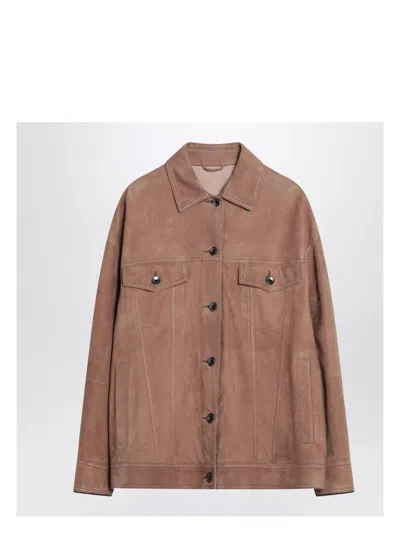 BRUNELLO CUCINELLI WOMEN'S BROWN LEATHER OVERSHIRT JACKET