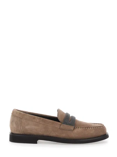 Brunello Cucinelli Women Brown Loafers With Almond Toe And Monil Detail In Suede Woman