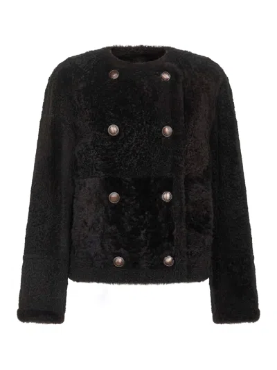 BRUNELLO CUCINELLI BRUNELLO CUCINELLI WOMEN BROWN SHEARLING FUZZY REVERSIBLE CROPPED PEA COAT