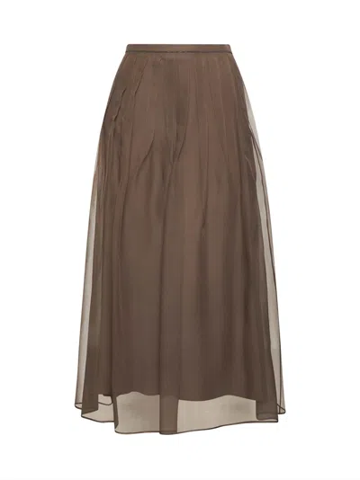 Brunello Cucinelli Women Brown Shiny Waistband Pleated Midi Skirt
