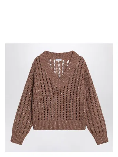 BRUNELLO CUCINELLI WOMEN'S BROWN SPARKLING MESH SWEATER