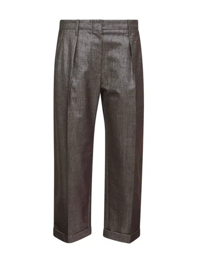 BRUNELLO CUCINELLI BRUNELLO CUCINELLI WOMEN BROWN SPARKLING TWILL CHINO PLEATED TROUSERS