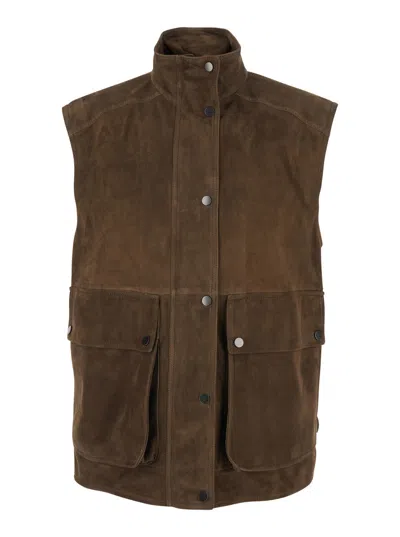 Brunello Cucinelli Women Brown Vest With High Collar And Two Front Pockets In Leather Woman