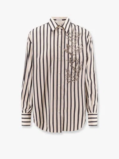 BRUNELLO CUCINELLI BRUNELLO CUCINELLI WOMEN STRIPED COTTON AND SILK SHIRT WITH EMBROIDERY