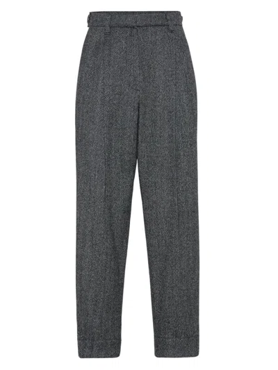 Brunello Cucinelli Women's Brushed Techno Wool Chevron Sartorial Baggy Trousers In Black