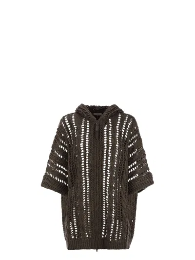 Brunello Cucinelli Women's Cable & Mesh Jute And Cotton Cardigan With Hood And Shiny Zipper Pull