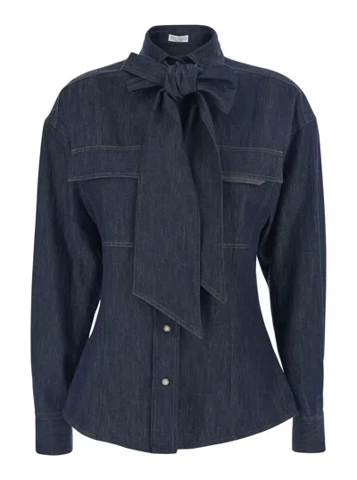 BRUNELLO CUCINELLI BRUNELLO CUCINELLI WOMEN BLUE SHIRT WITH BOW DETAIL AND BUTTON CLOSURE IN DENIM WOMAN