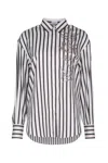 Brunello Cucinelli White Shirt With Floral Embroidery On The Front And All-over Striped Motif In Multicolor