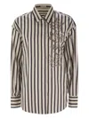 Brunello Cucinelli White Shirt With Floral Embroidery On The Front And All-over Striped Motif