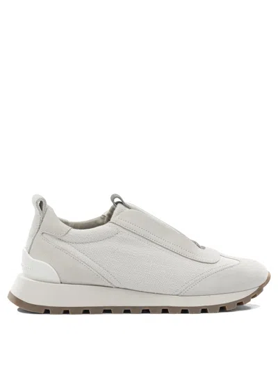 Brunello Cucinelli Women Canvas And Suede Sneaker With Precious Detail In White