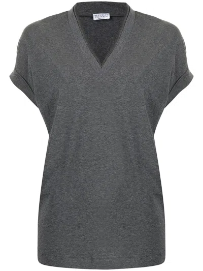 Brunello Cucinelli Women Cap-sleeve Knitted T-shirt Grey
