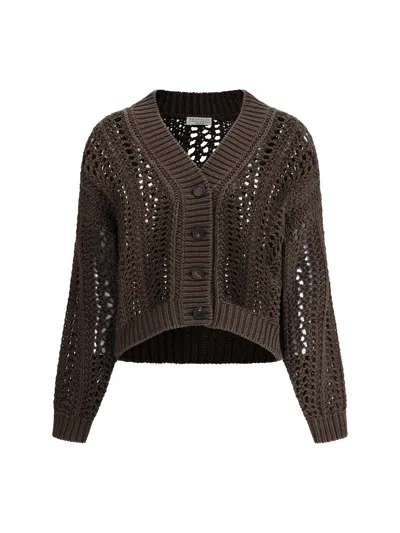 Brunello Cucinelli Women Cardigan In Perforated Knit In Brown