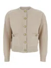 Brunello Cucinelli Women Beige Crew Neck Cardigan With Ribbed Design And Patch Pockets In Wool And C In Neutral