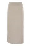 Brunello Cucinelli Luxurious Cashmere-silk Ribbed Midi Skirt In Pearl