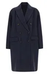 Brunello Cucinelli Double-breasted Black Cashmere Coat With Peak Lapels In Blue