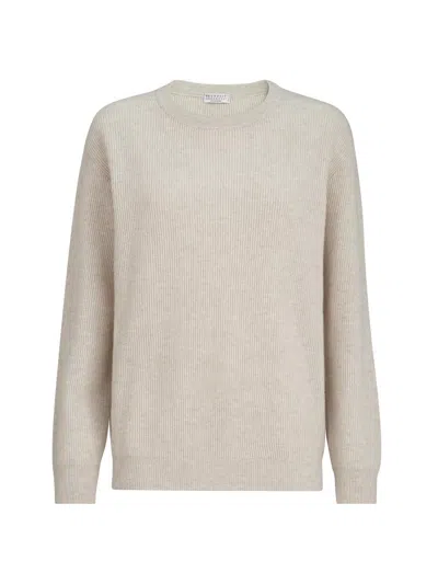 Brunello Cucinelli Women's Cashmere English Rib Sweater With Monili In Neutral