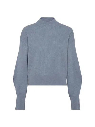 Brunello Cucinelli Women's Cashmere English Rib Sweater With Shiny Cuff Details In Blue