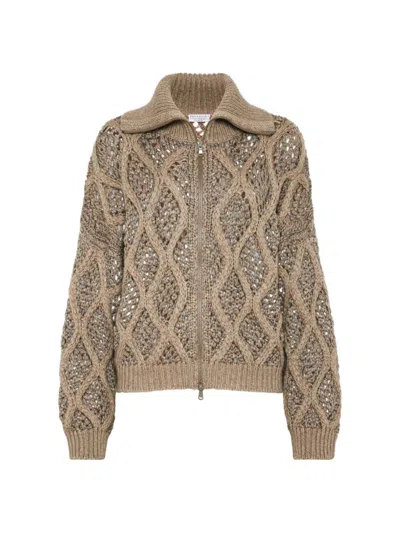 Brunello Cucinelli Women's Cashmere Feather Yarn Dazzling Net And Cable Cardigan In Brown