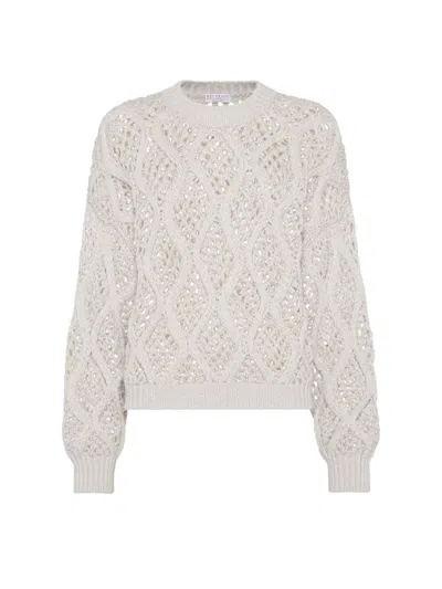 Brunello Cucinelli Women's Cashmere Feather Yarn Dazzling Net & Cable Sweater In Pearl